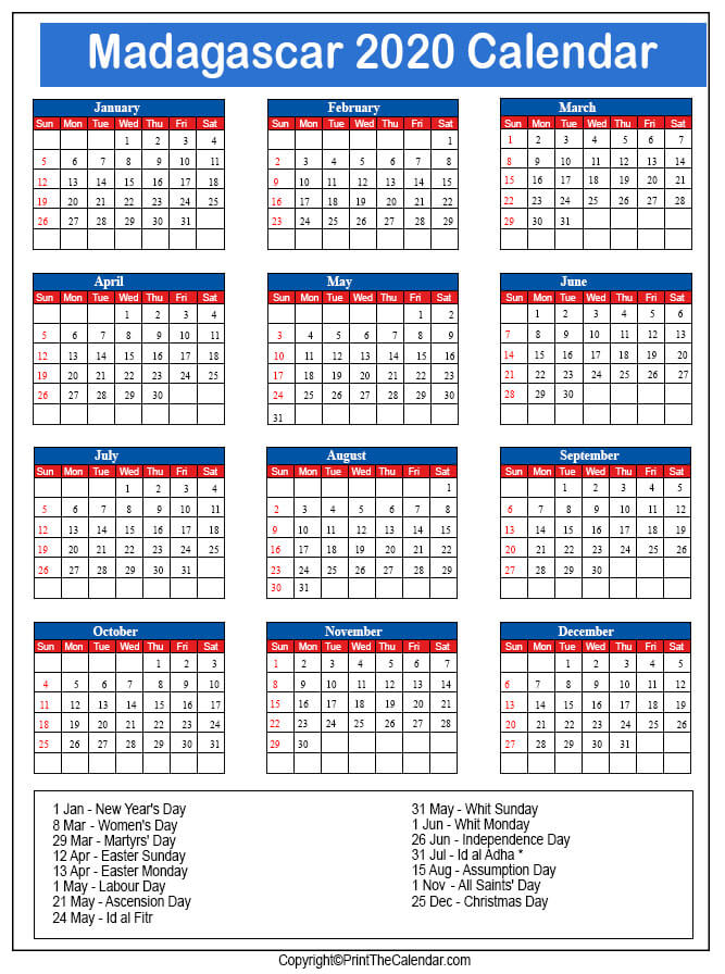 Madagascar Printable Calendar 2020